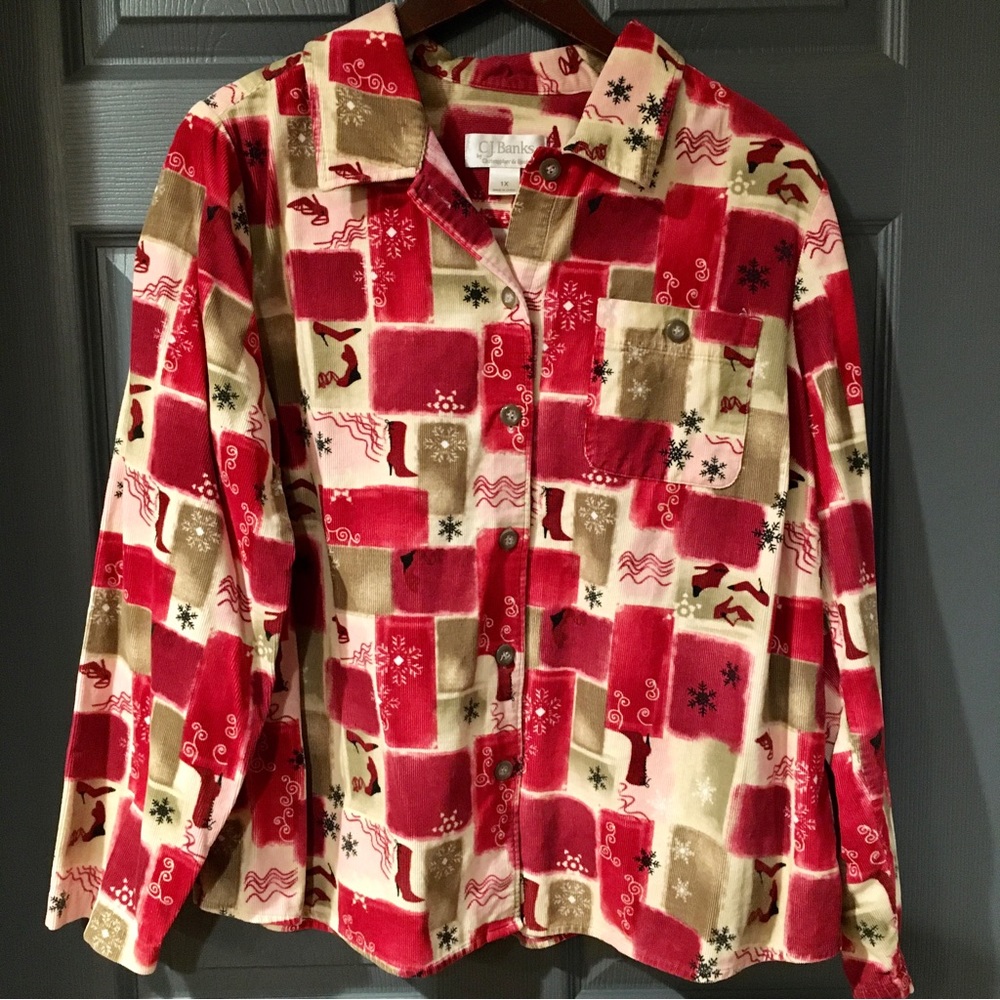 Christopher & Banks High Heel Print Corduroy Button Down Shirt Size 1X